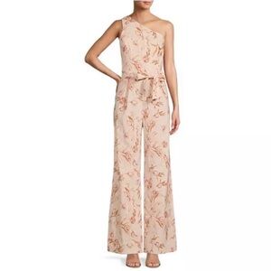 ANTONIO MELANI Pink Floral One‎ Shoulder Jumpsuit Linen Blend Belted Size 10 New